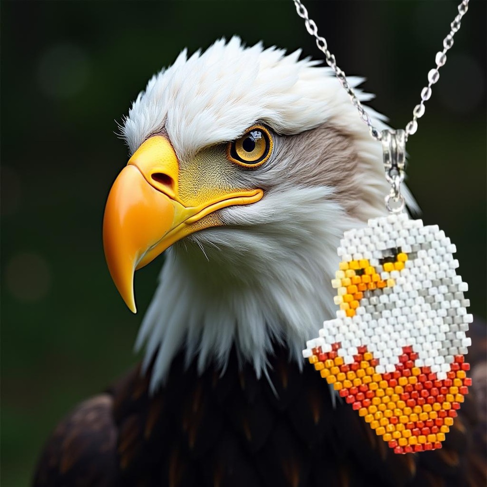 Hand Crafted Eagle Pendant Necklace with White and Orange Beads - Picture 3 of 9